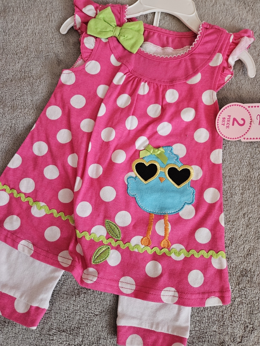 Girls' Pink Polka Dot Bird Tunic & Legging Set 2T - Picture 2 of 5